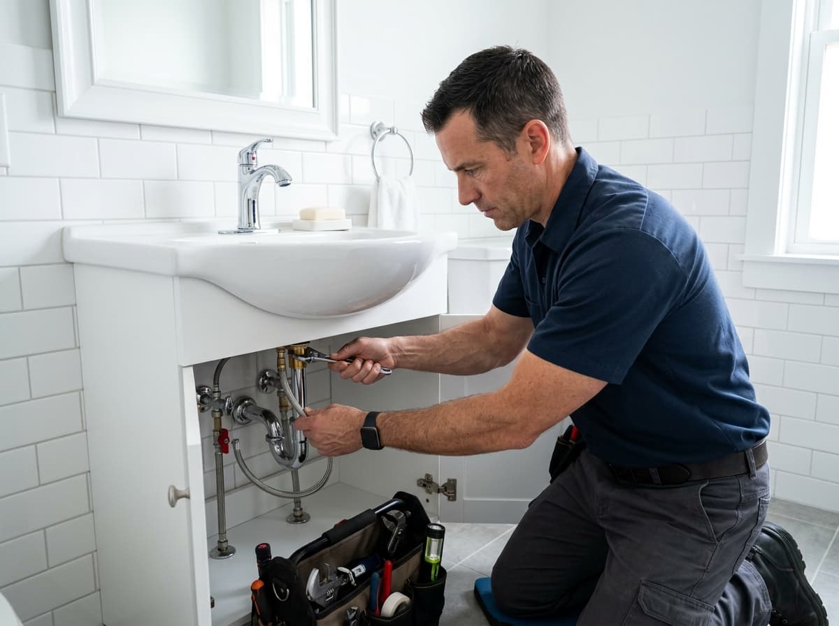 Fachtechniker repariert eine Rohrleitung unter einem Waschbecken