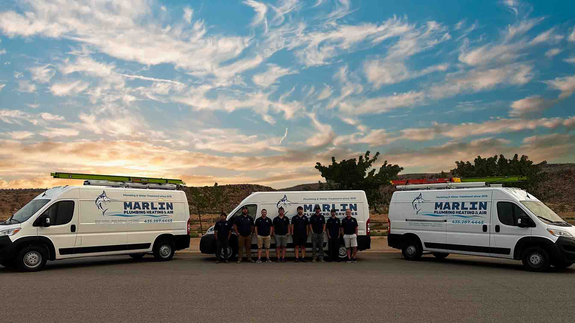 Marlin Plumbing Heating and Air team with service vans in St. George Utah