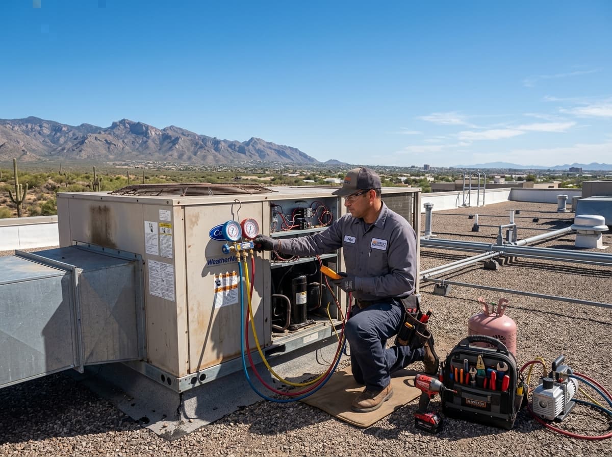 HVAC technician servicing an air conditioning unit