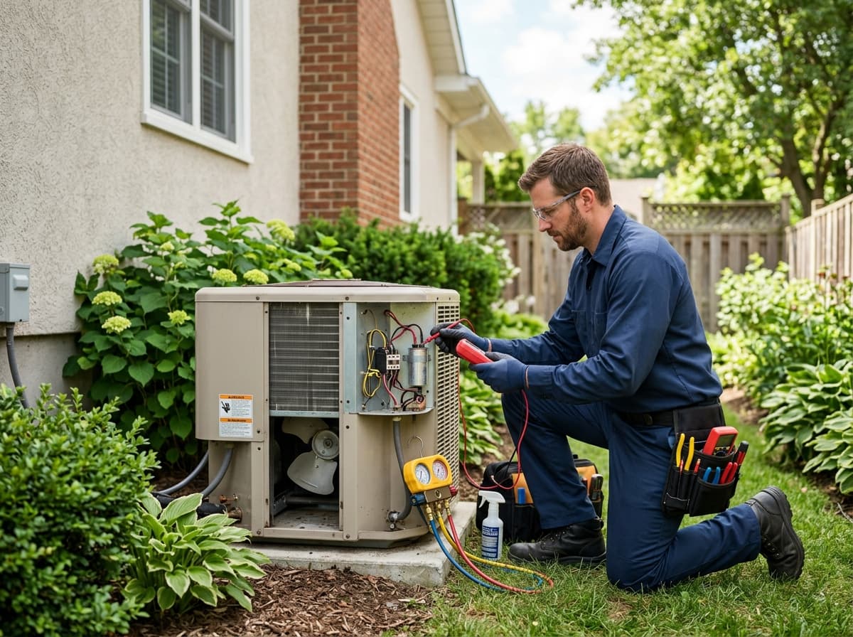 Technician servicing an outdoor AC condenser unit