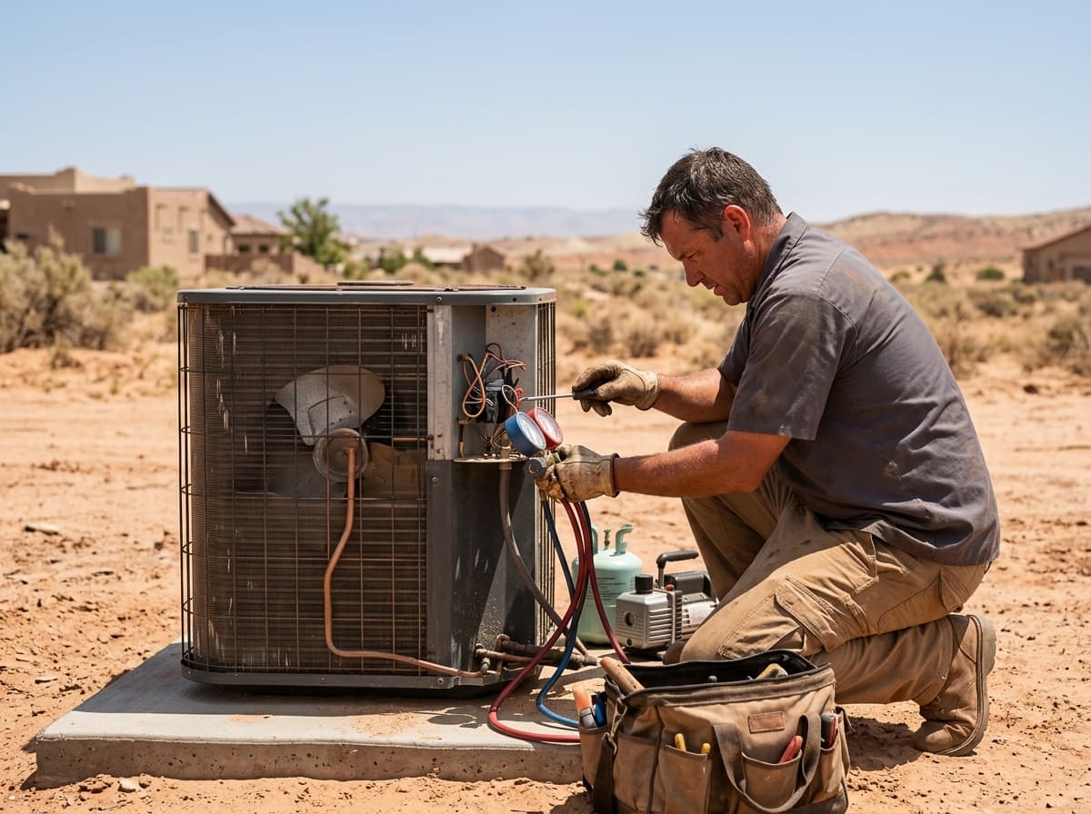 HVAC technician inspecting an air conditioner