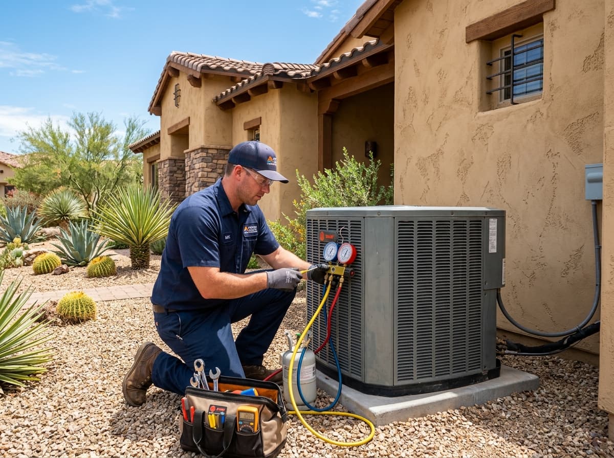Home air conditioning condenser unit outside a house