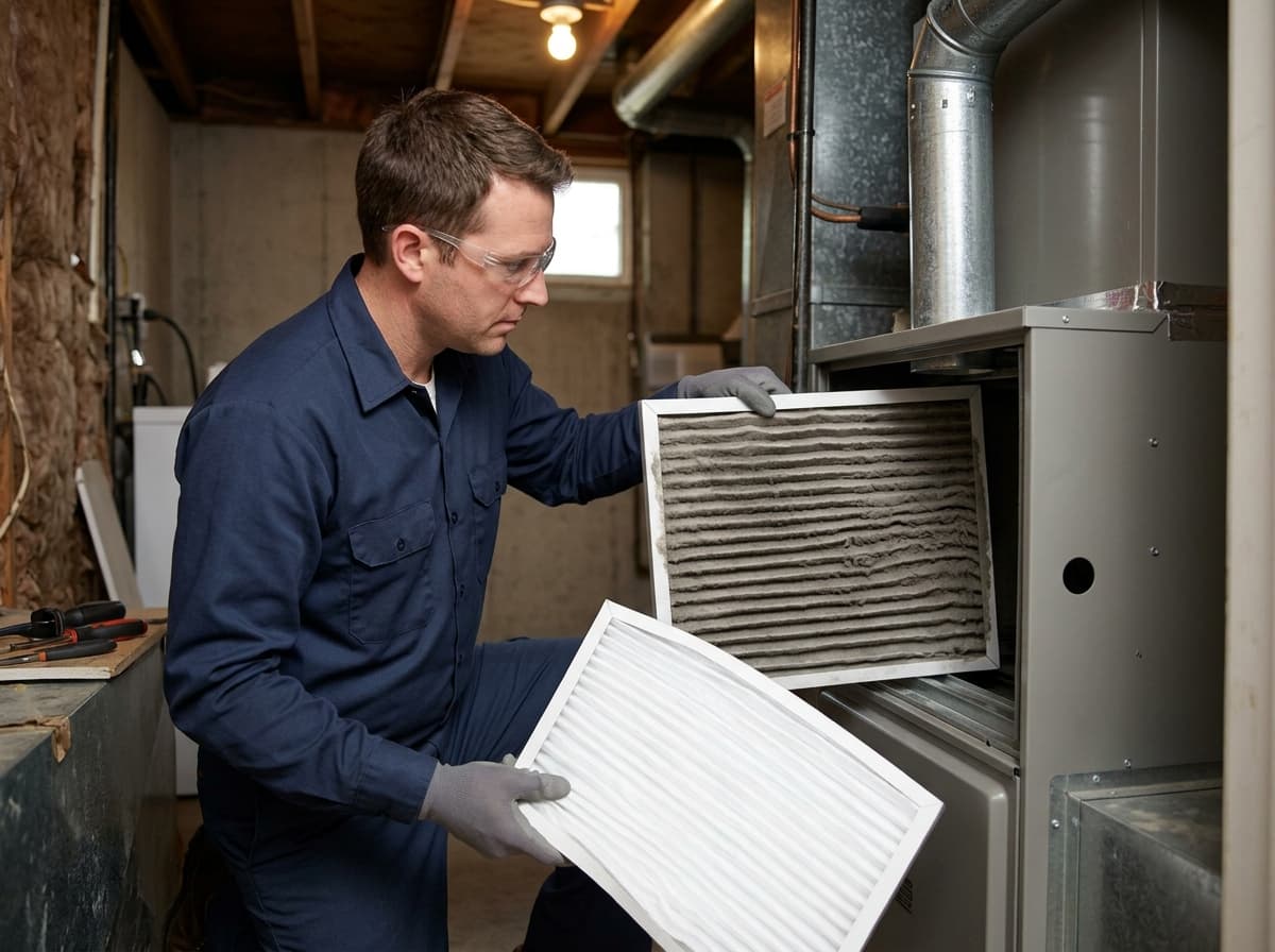 Technician replacing a pleated AC filter