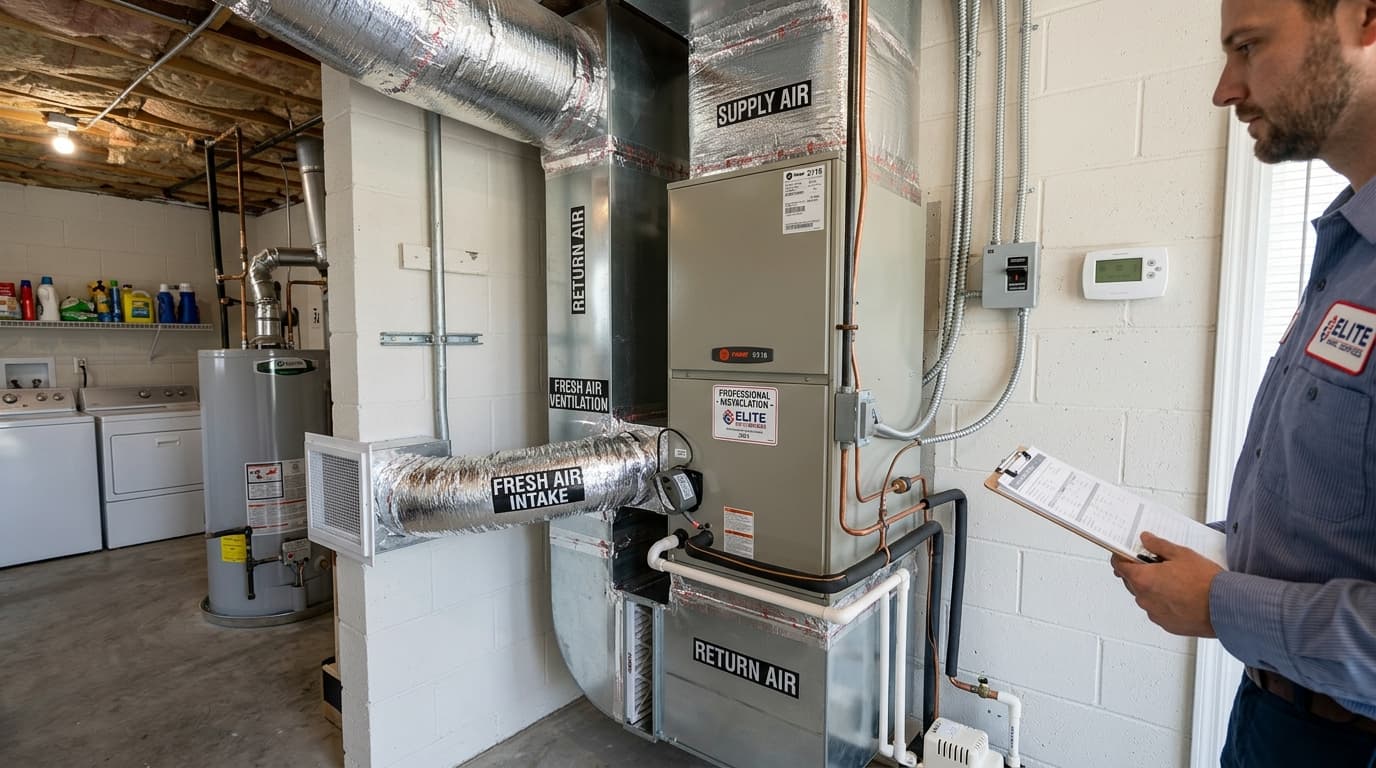 Marlin Plumbing technician servicing an air handler unit in a St. George, Utah home