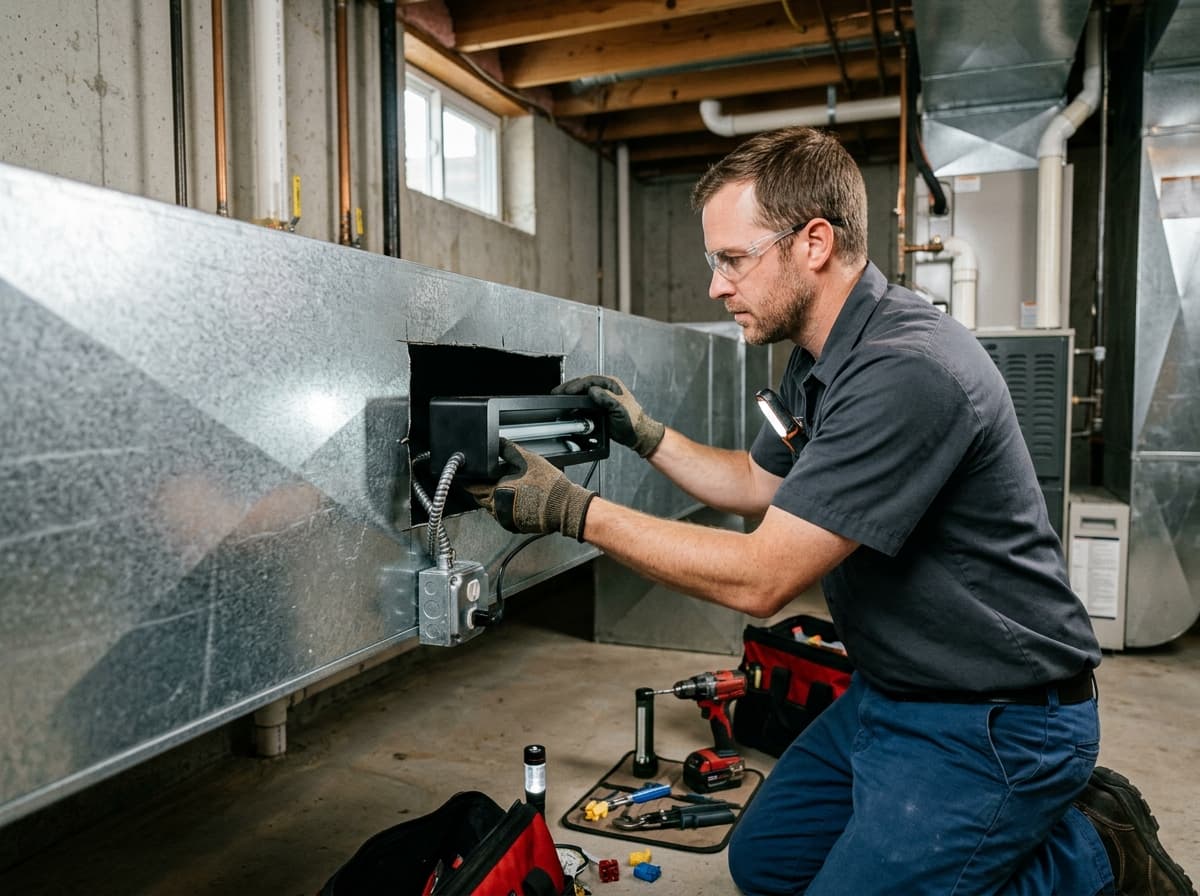 Technician installing a whole-home air purifier on an HVAC system