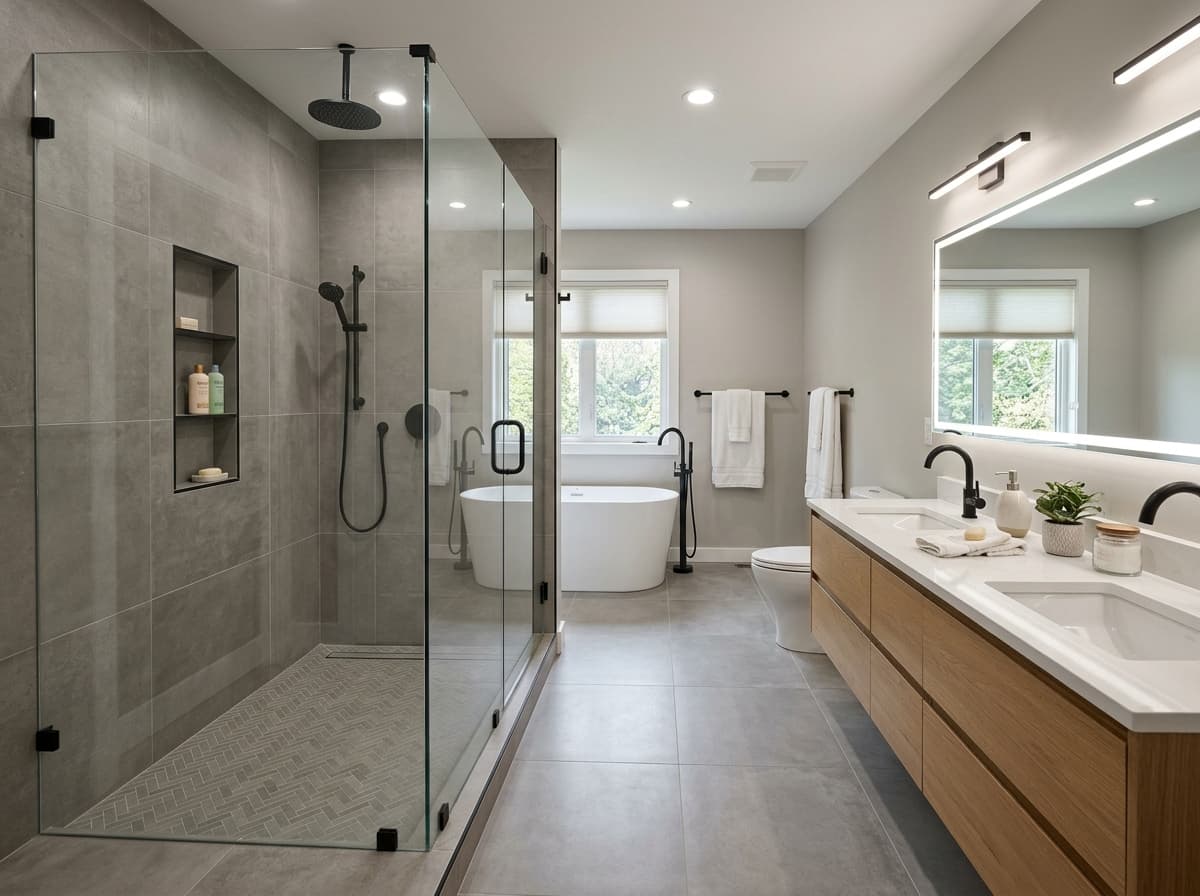 Newly remodeled bathroom with custom tile and modern fixtures by Marlin Plumbing in St. George, Utah