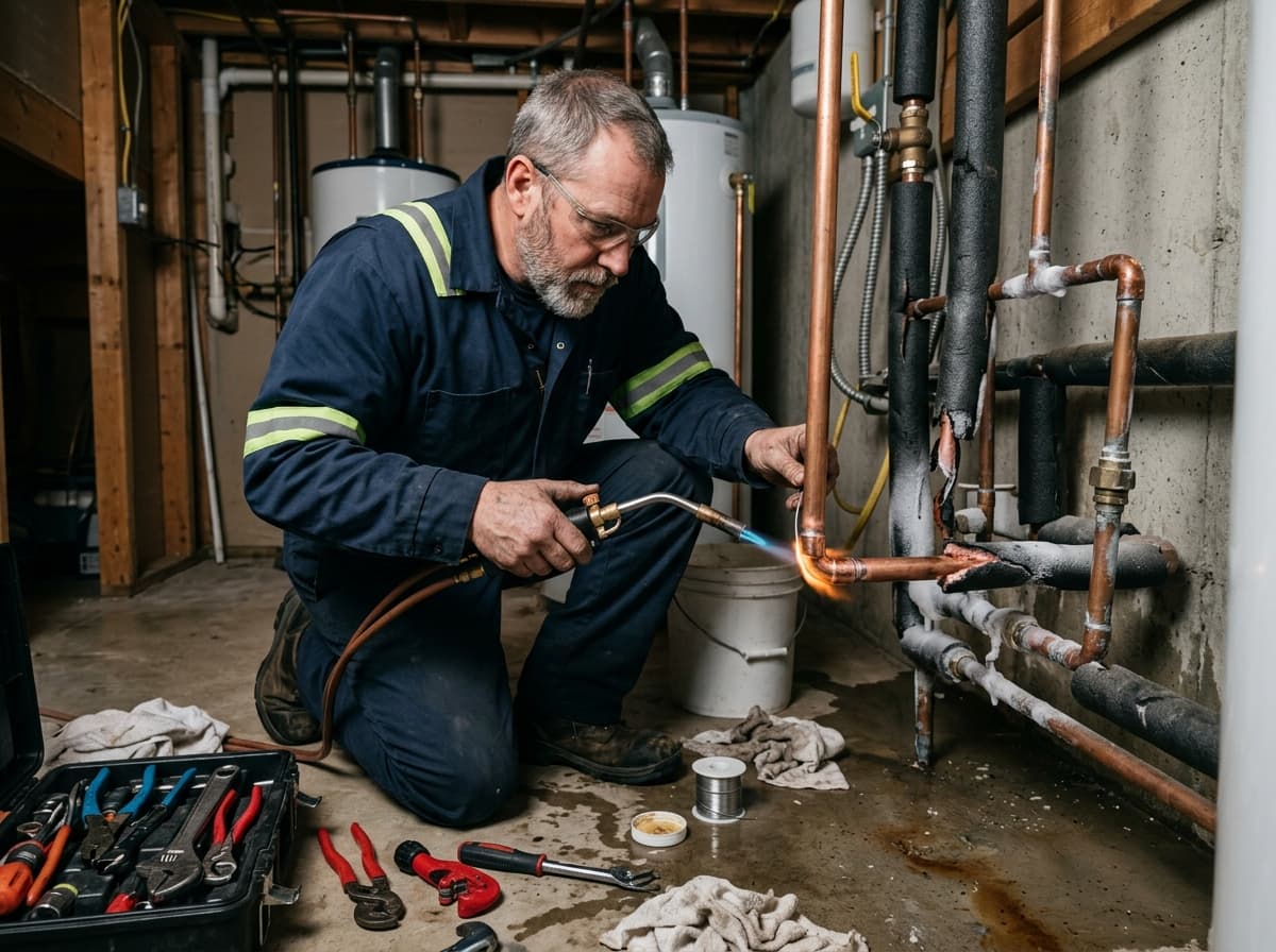 Marlin Plumbing technician repairing a burst pipe in a St. George, Utah home