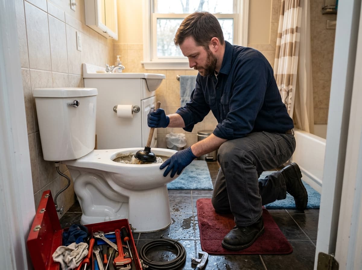 Marlin Plumbing technician clearing a clogged toilet in a St. George, Utah home