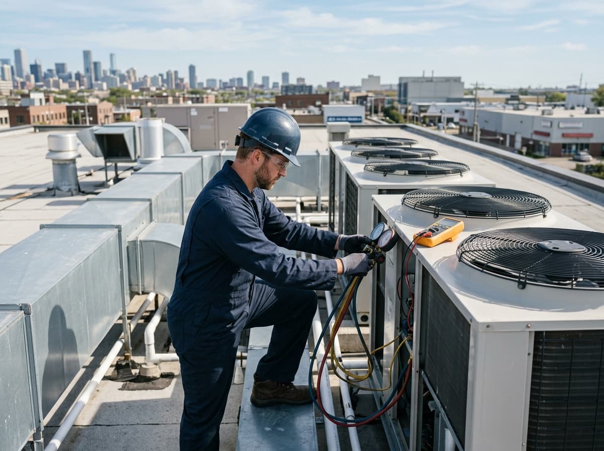 Marlin Plumbing Heating & Air technician servicing a commercial rooftop HVAC unit on a St. George, Utah business