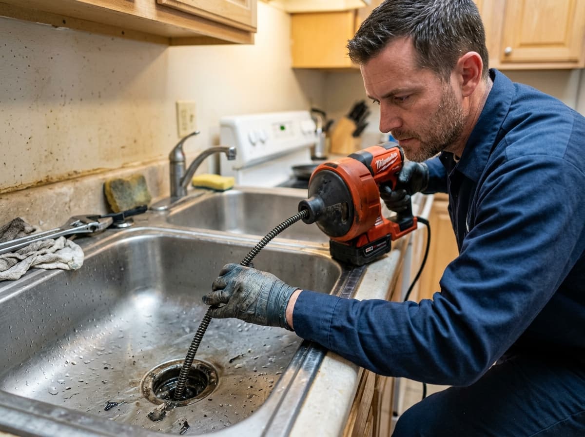 Plumber clearing a clogged drain line