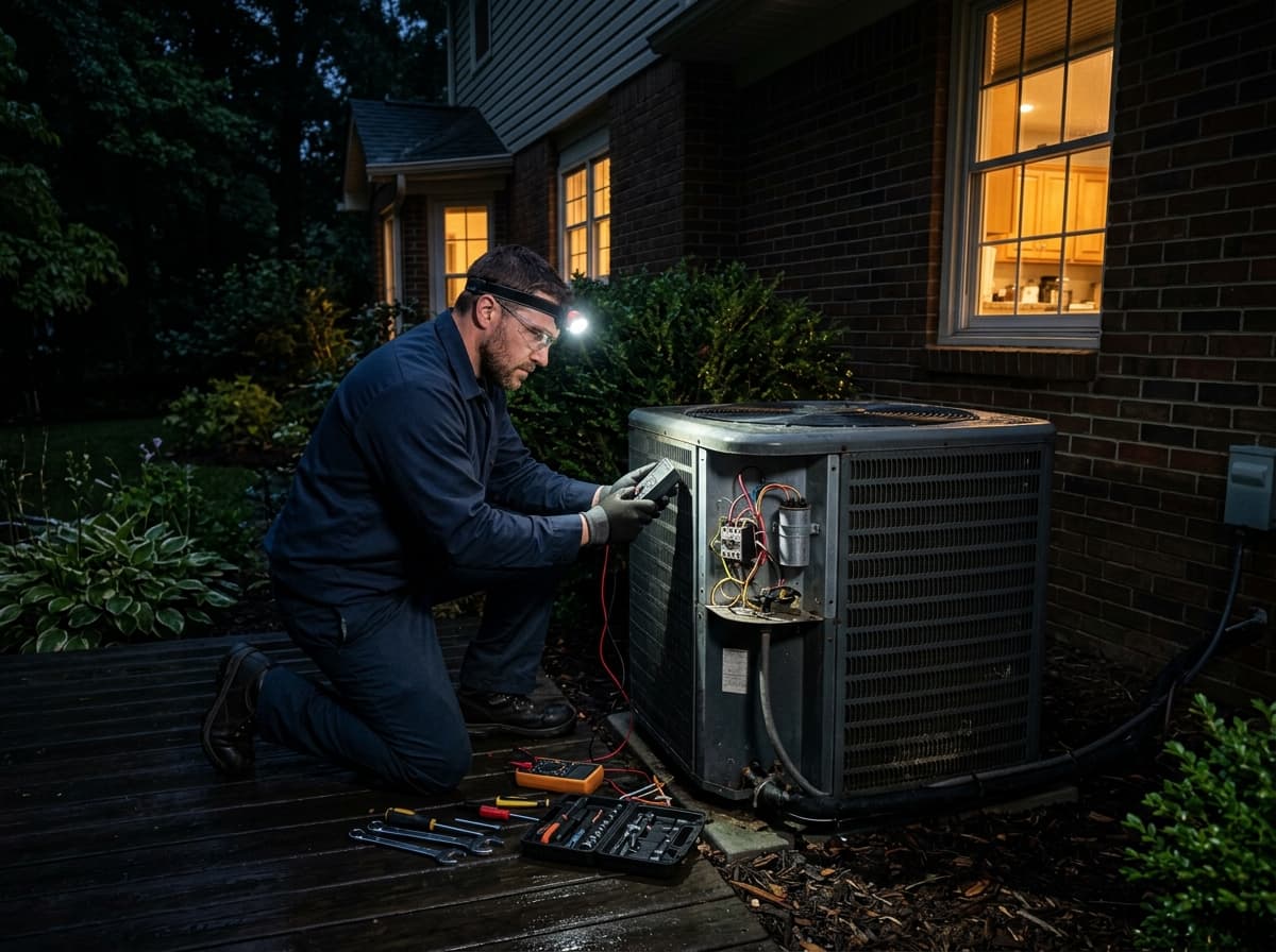 HVAC technician repairing an outdoor AC condenser unit