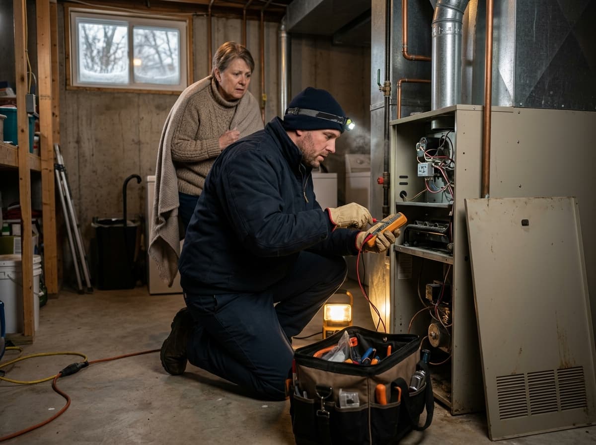 Marlin Plumbing Heating & Air technician arriving for emergency furnace repair at a St. George home at night