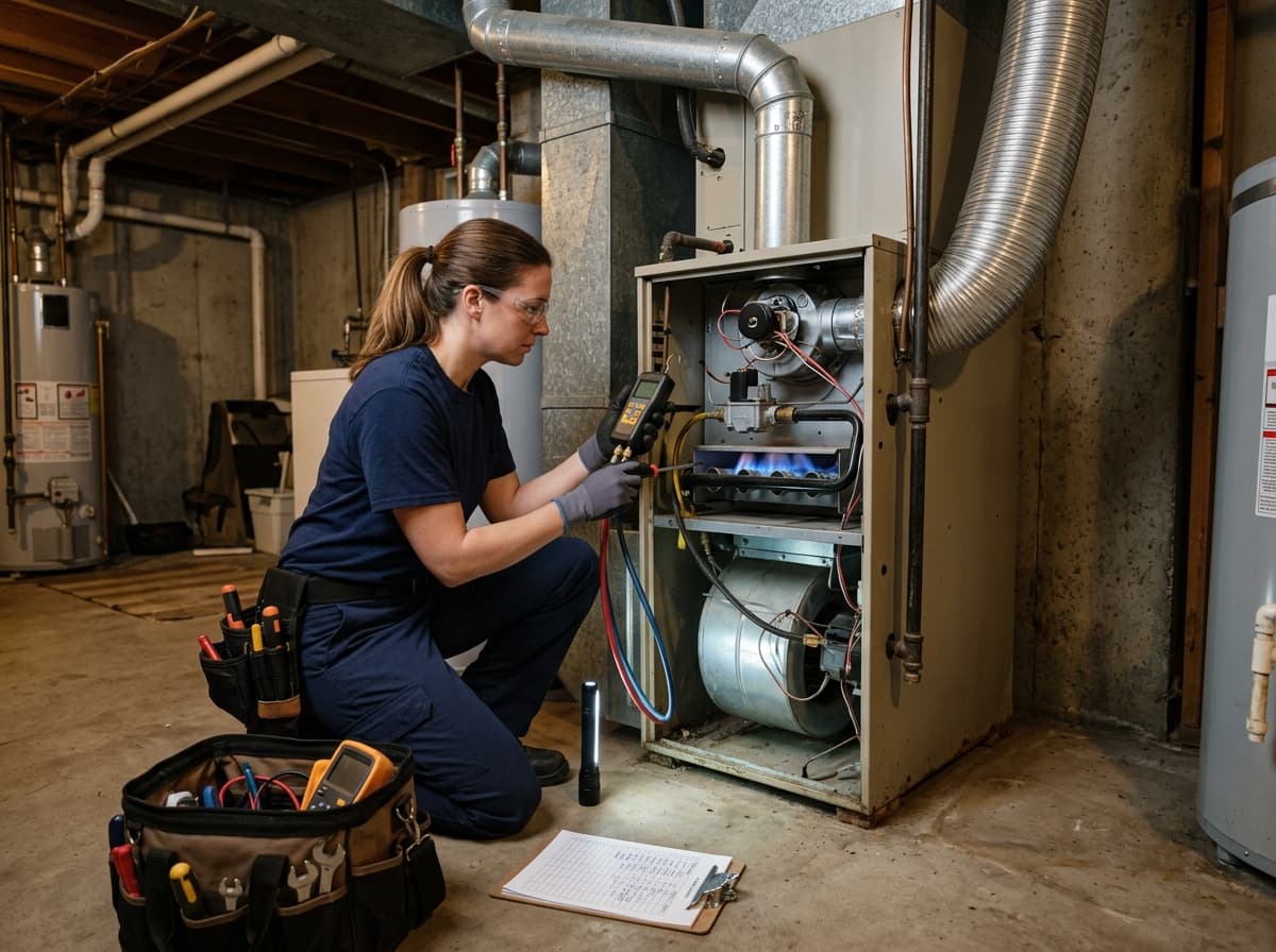 Technician inspecting a home furnace