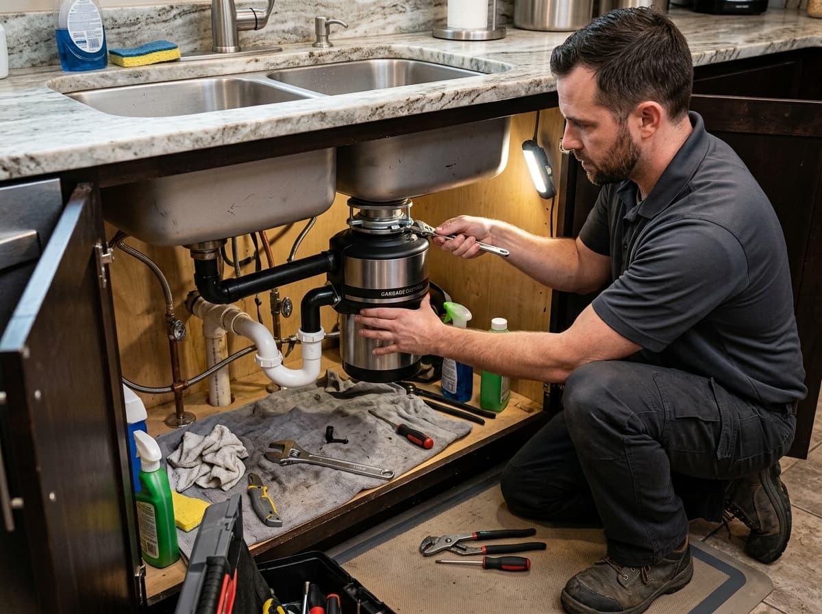 Marlin Plumbing technician installing a garbage disposal under a kitchen sink in St. George, Utah