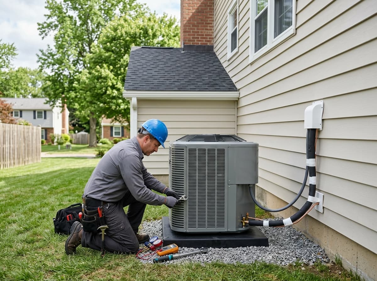 Technician servicing an outdoor heat pump unit beside a St. George home