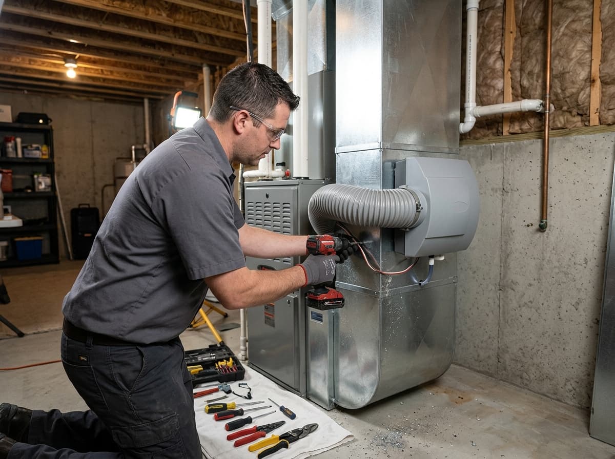 Whole-home humidifier installed on HVAC system by Marlin Plumbing technician in St. George, Utah