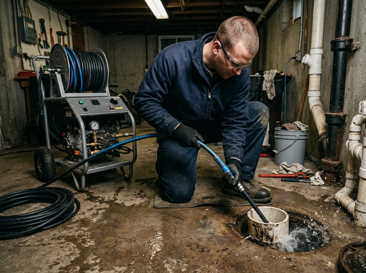 Technician running a hydro jetting hose into a drain line to clear built-up grease and debris