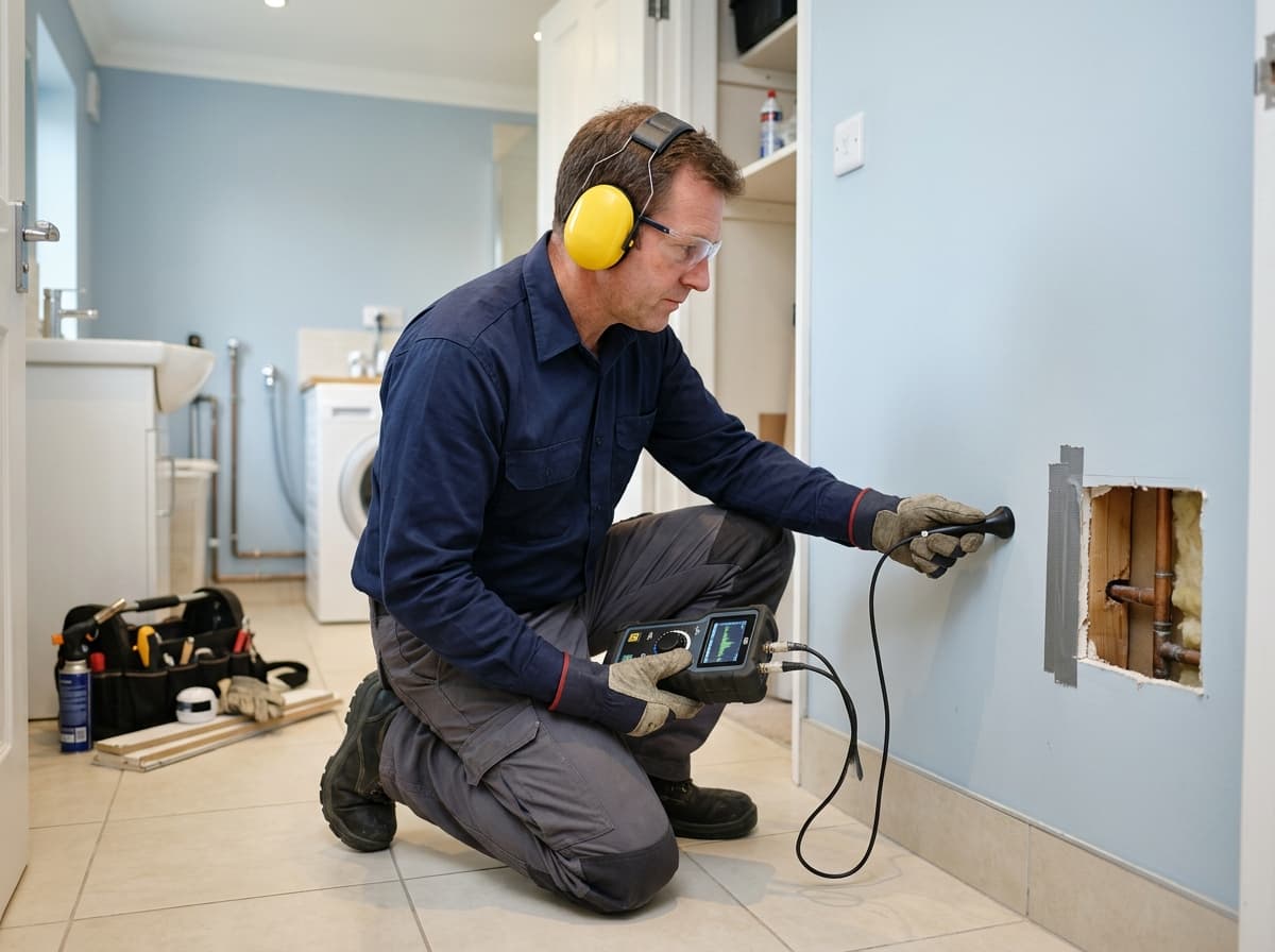 Plumber using electronic equipment to locate a slab leak
