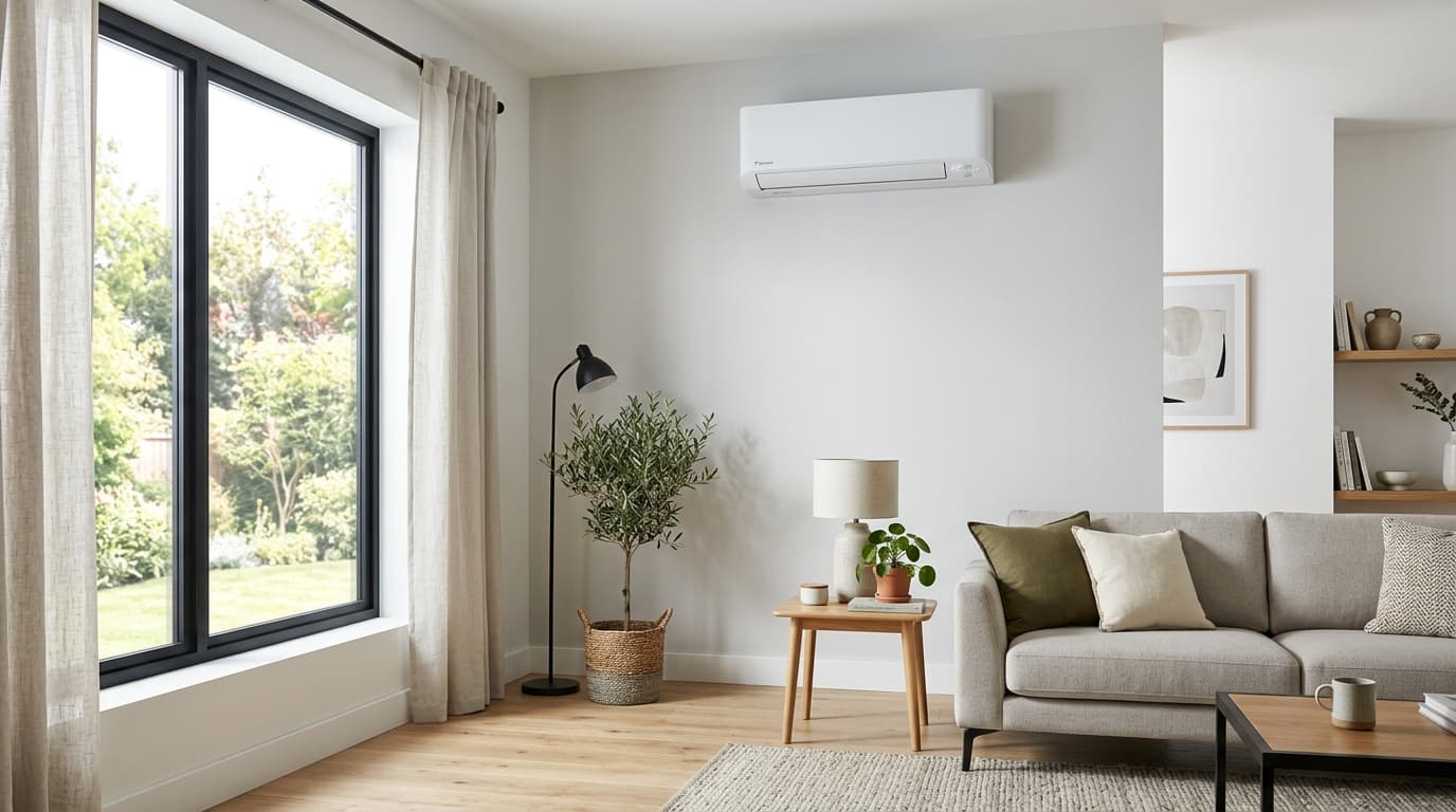 Ductless mini-split head mounted on an interior wall