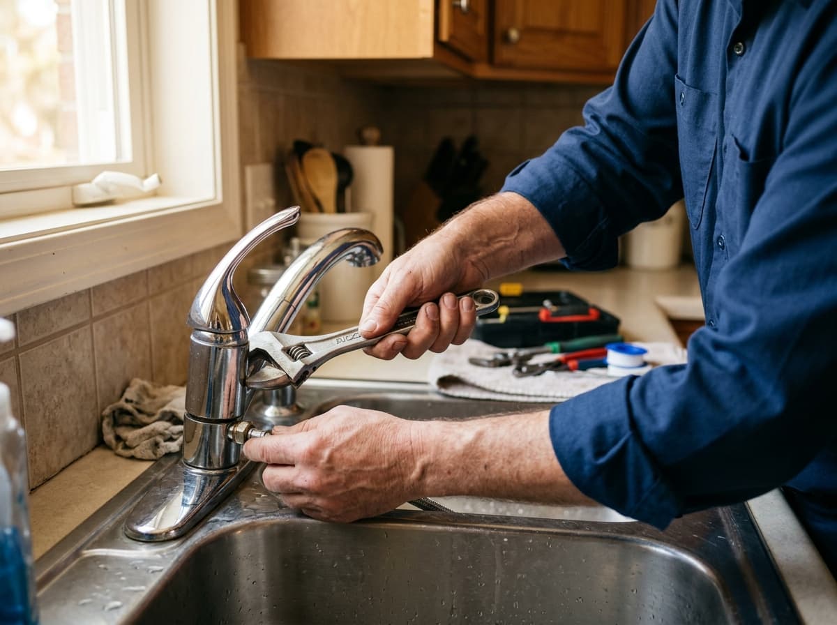 Homeowner checking under a kitchen sink for leaks