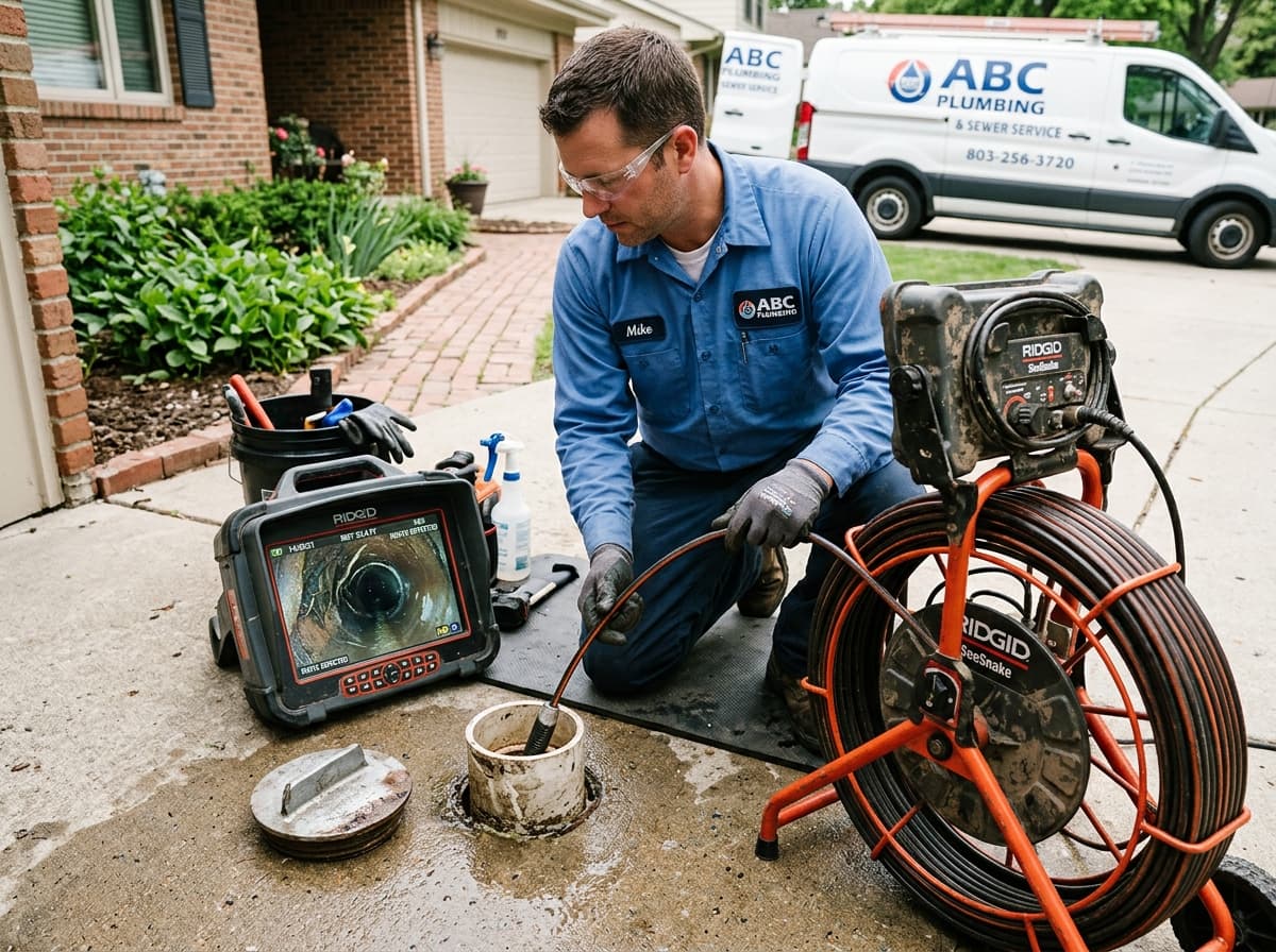 Technician feeding a sewer inspection camera into a cleanout while watching the live feed on a monitor