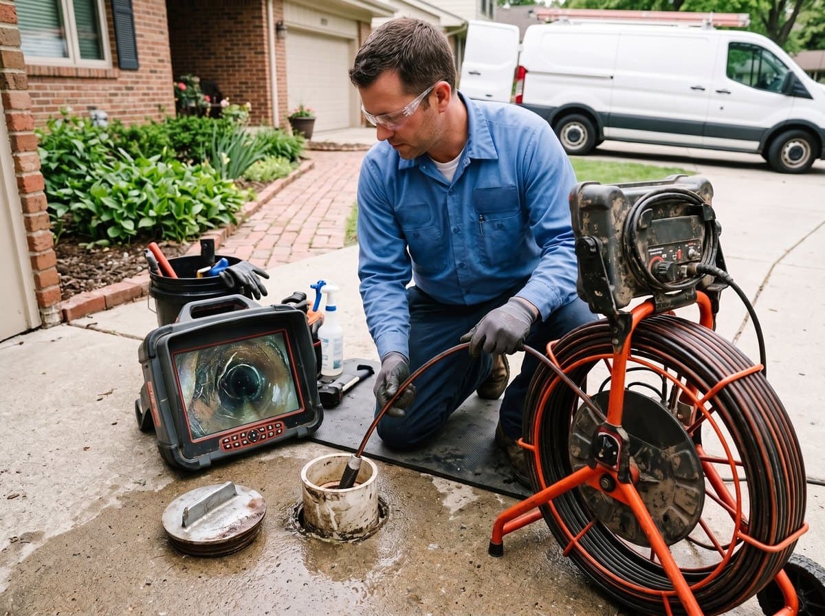 Technician feeding a sewer inspection camera into a cleanout while watching the live feed on a monitor
