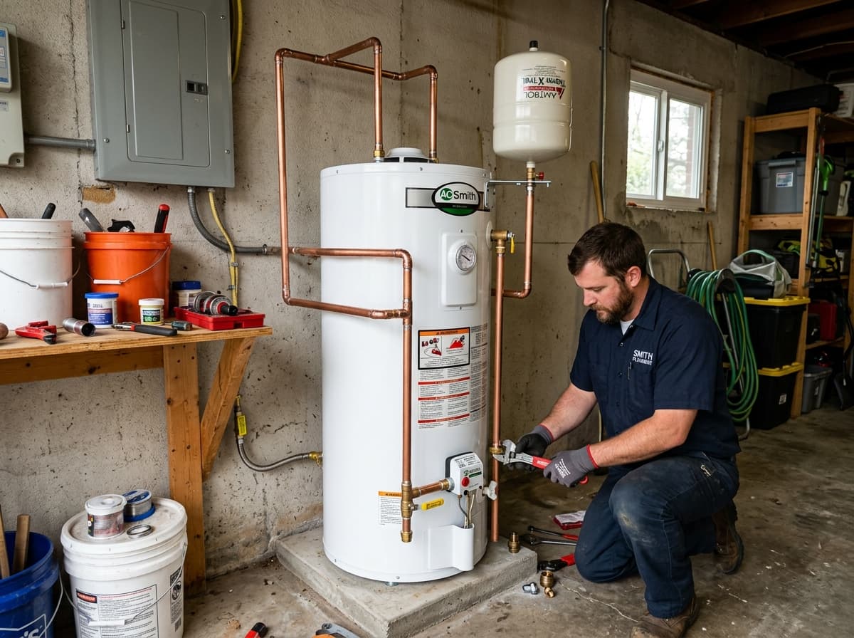 Residential water heater tank in a garage