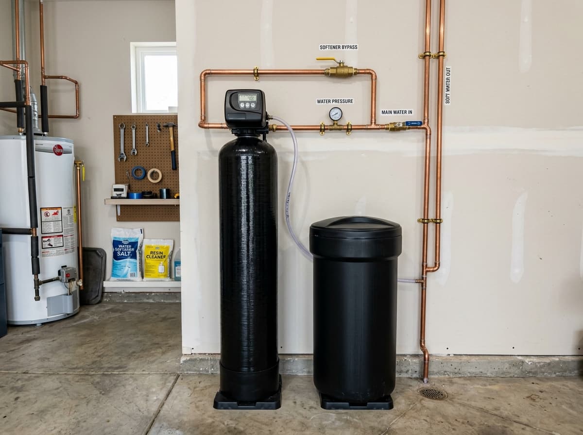 Water softener system installed in a utility room